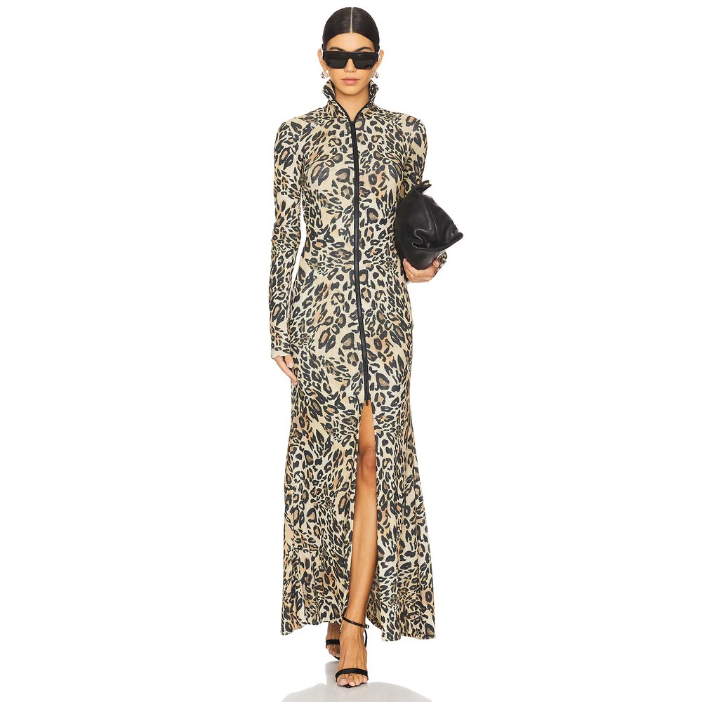 Nanushka Leopard Blaize Zipper Maxi Dress Size Small